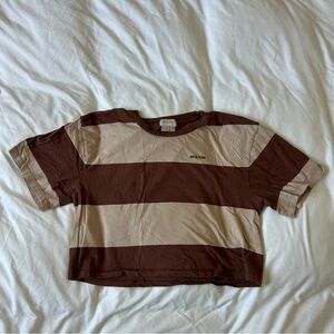 Brixton Cropped Brown & Cream Striped Tee – Size M